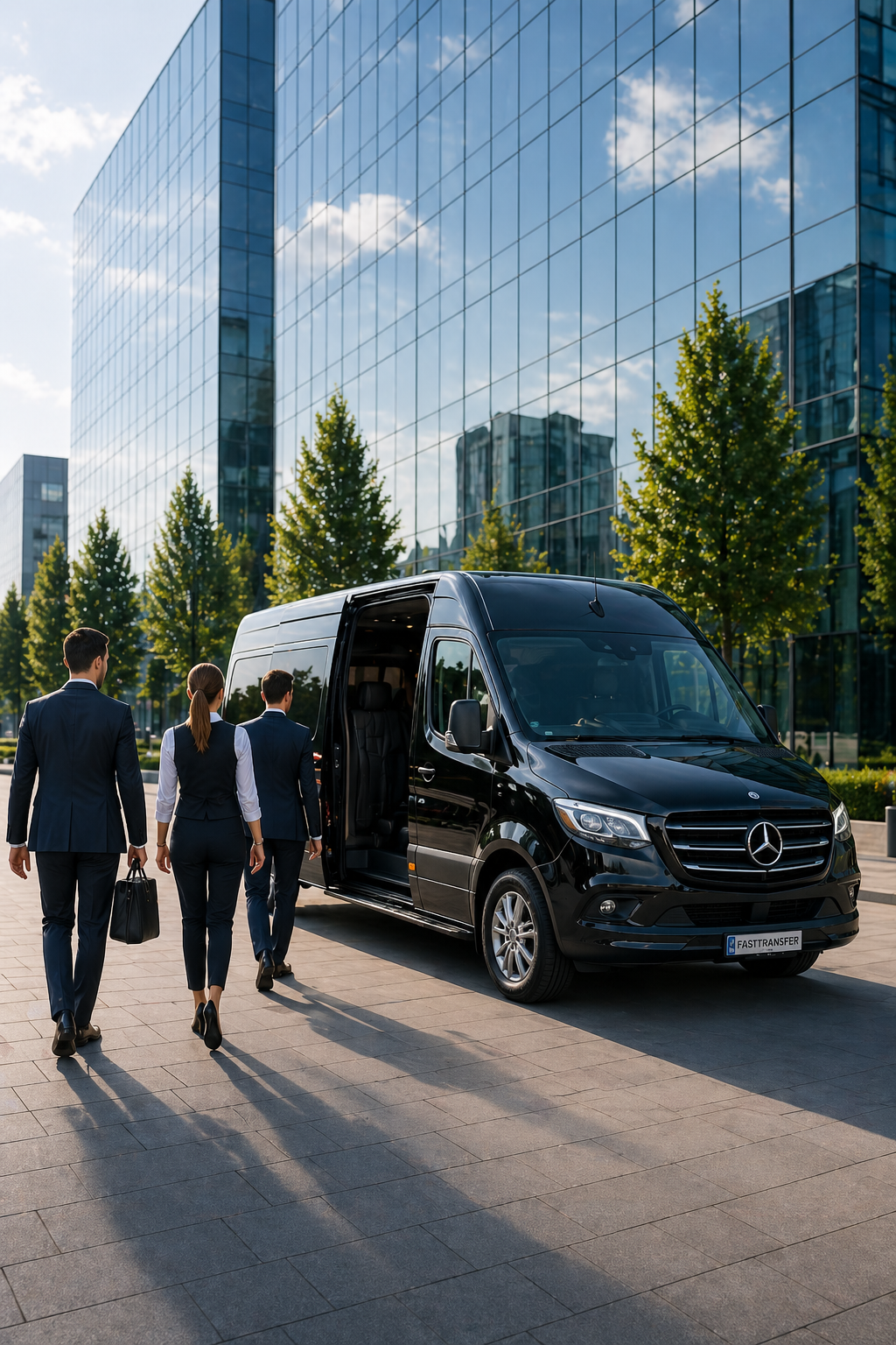 Modern business van outside a corporate office building