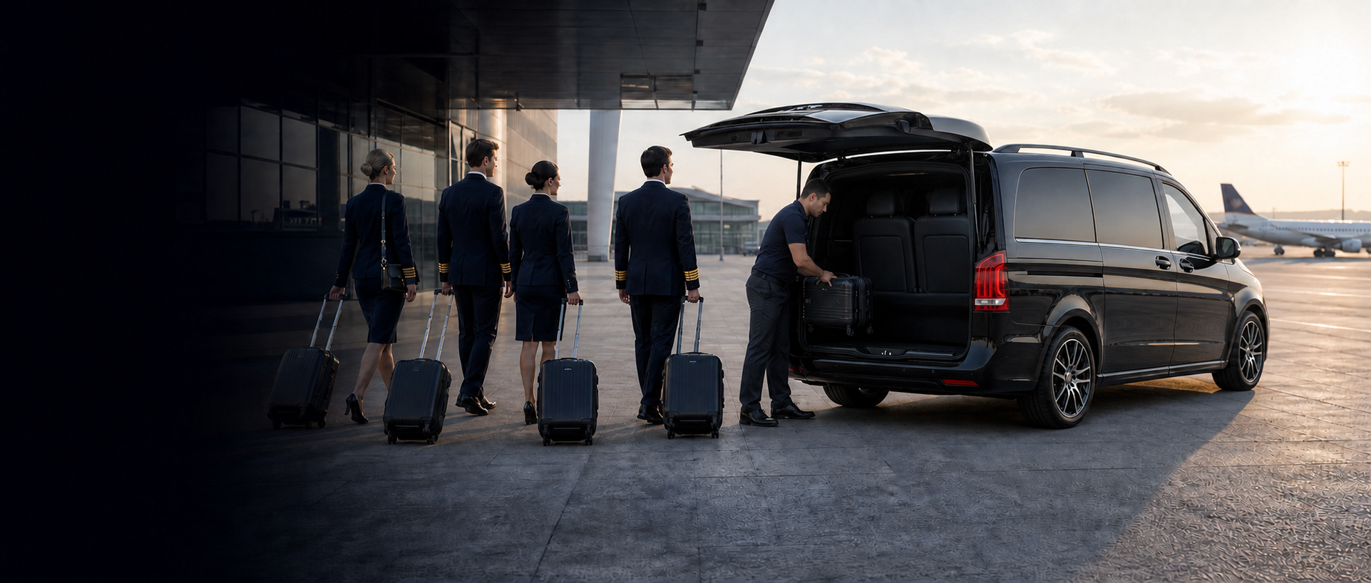 Airline crew walking near an aircraft and crew transport van