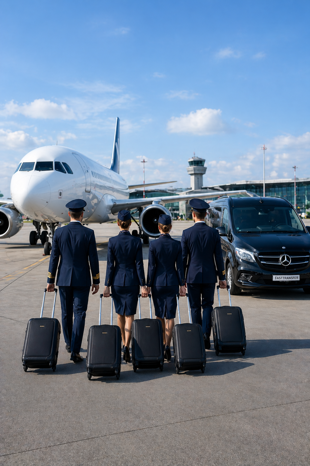 Airline crew walking near an aircraft and crew transport van