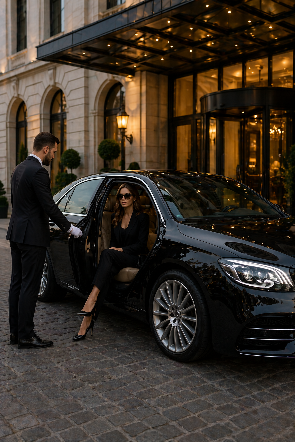 Executive sedan with chauffeur opening the door for a premium client