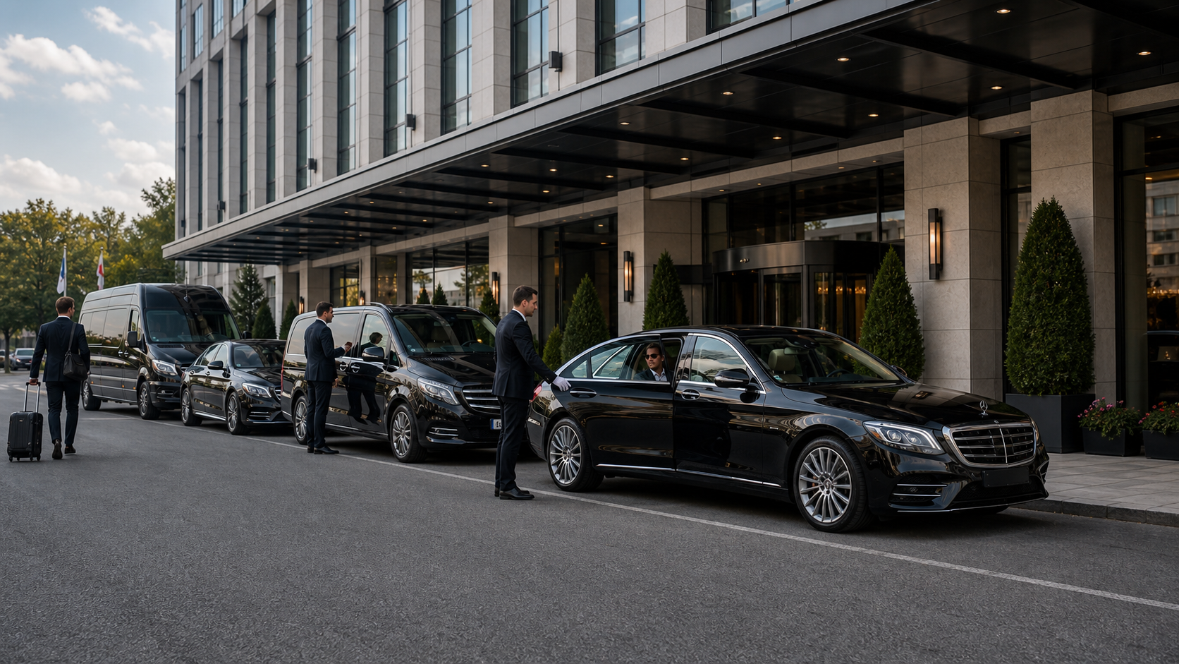 Executive sedan with chauffeur opening the door for a premium client