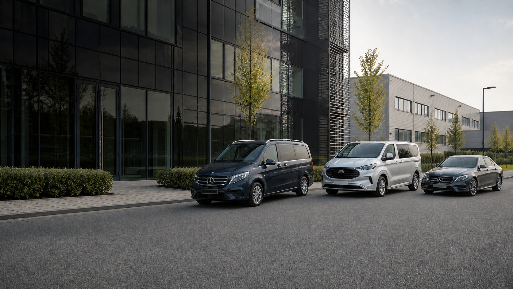 Modern business van outside a corporate office building